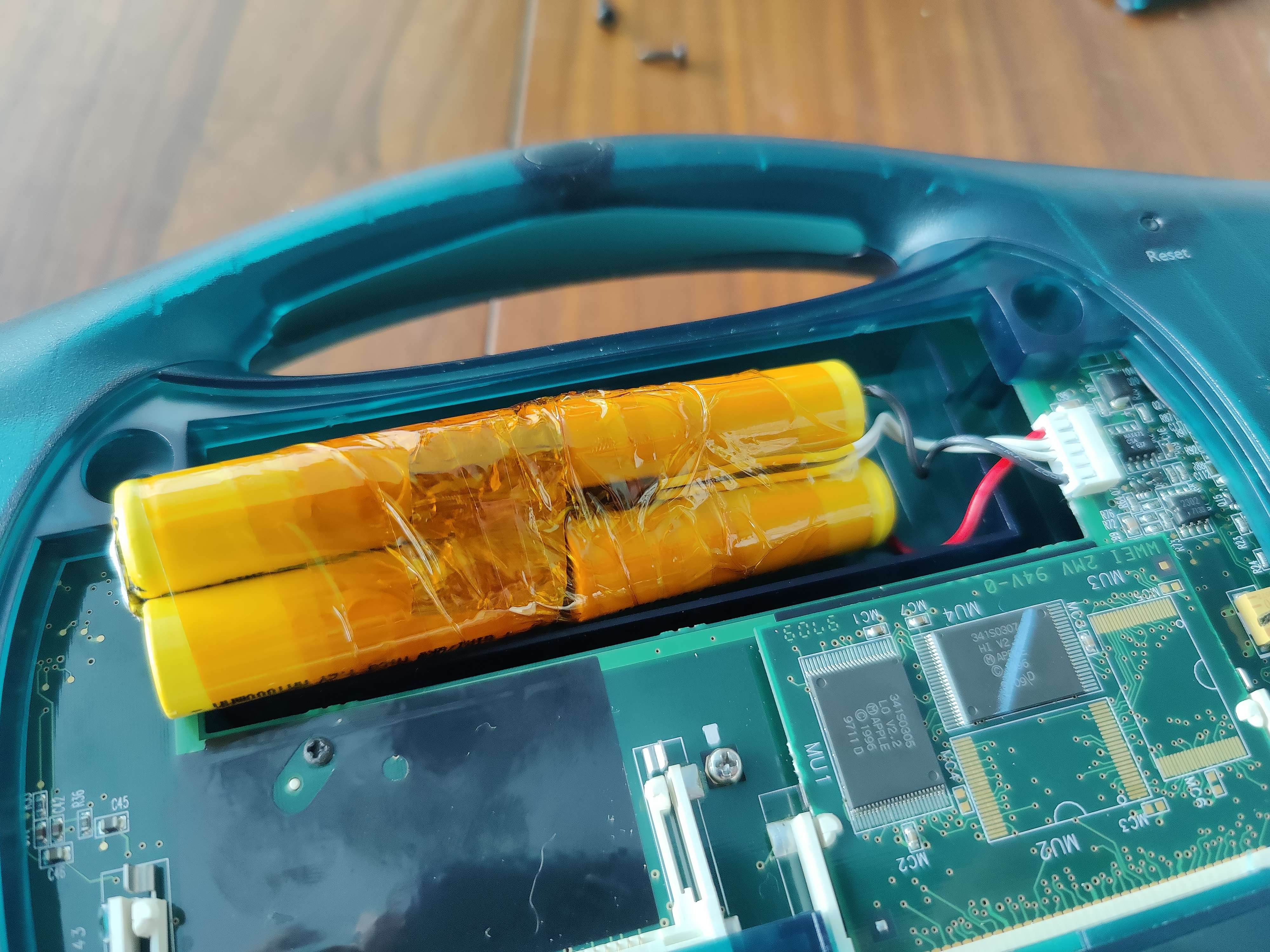 the emate 300 battery pack, assembled and wrapped in tape, and connected to the main board