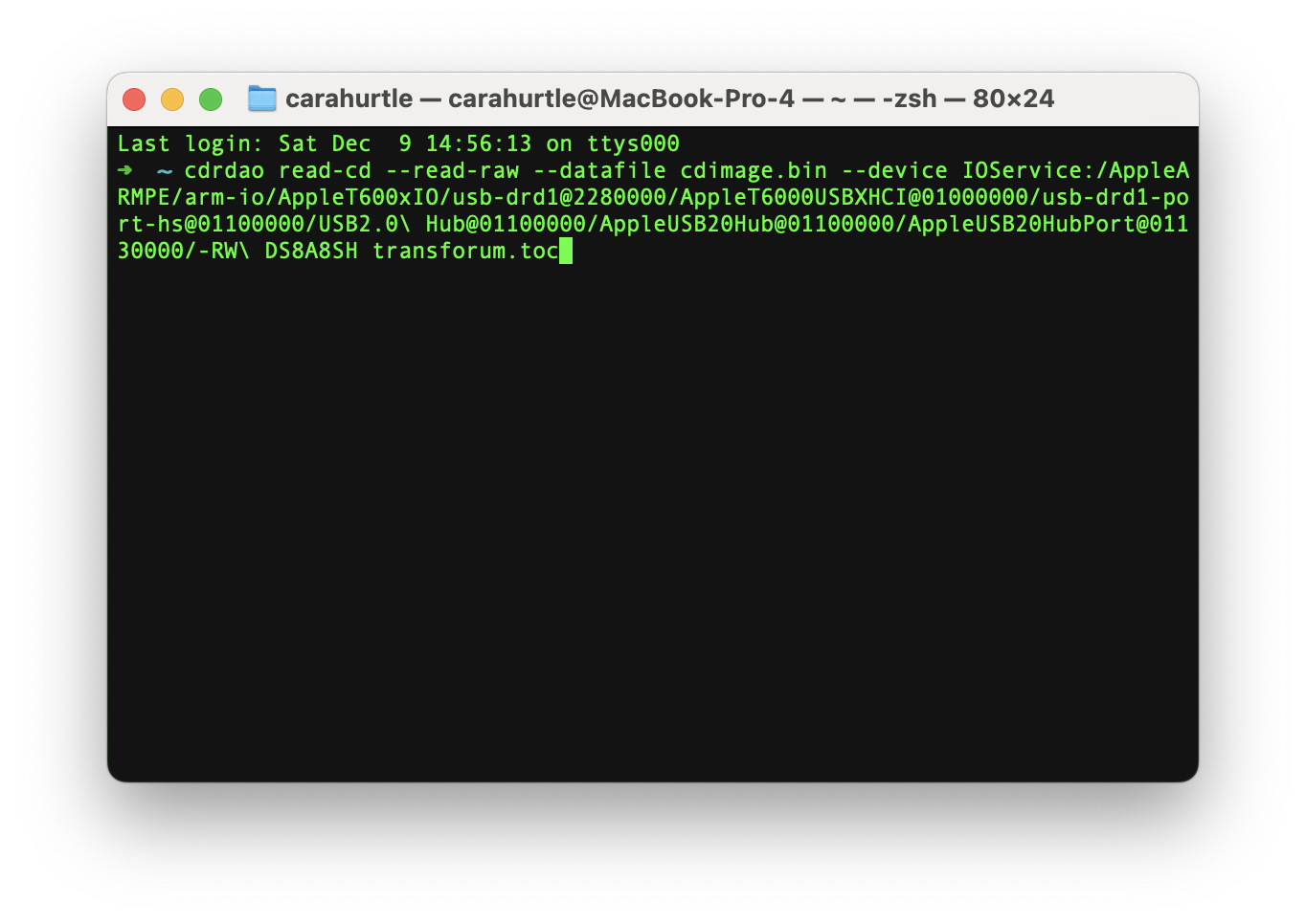command line showing a command to run cdrdao