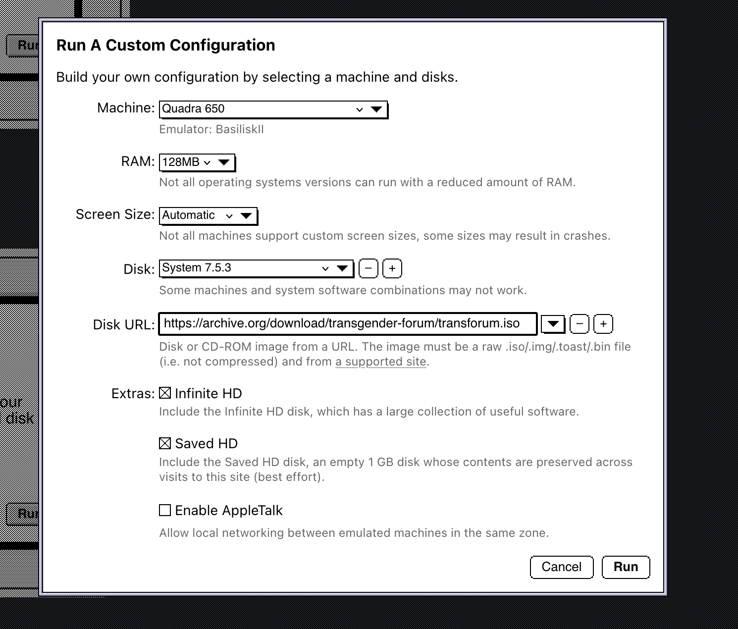 window on infinite mac open showing the various settings for the system